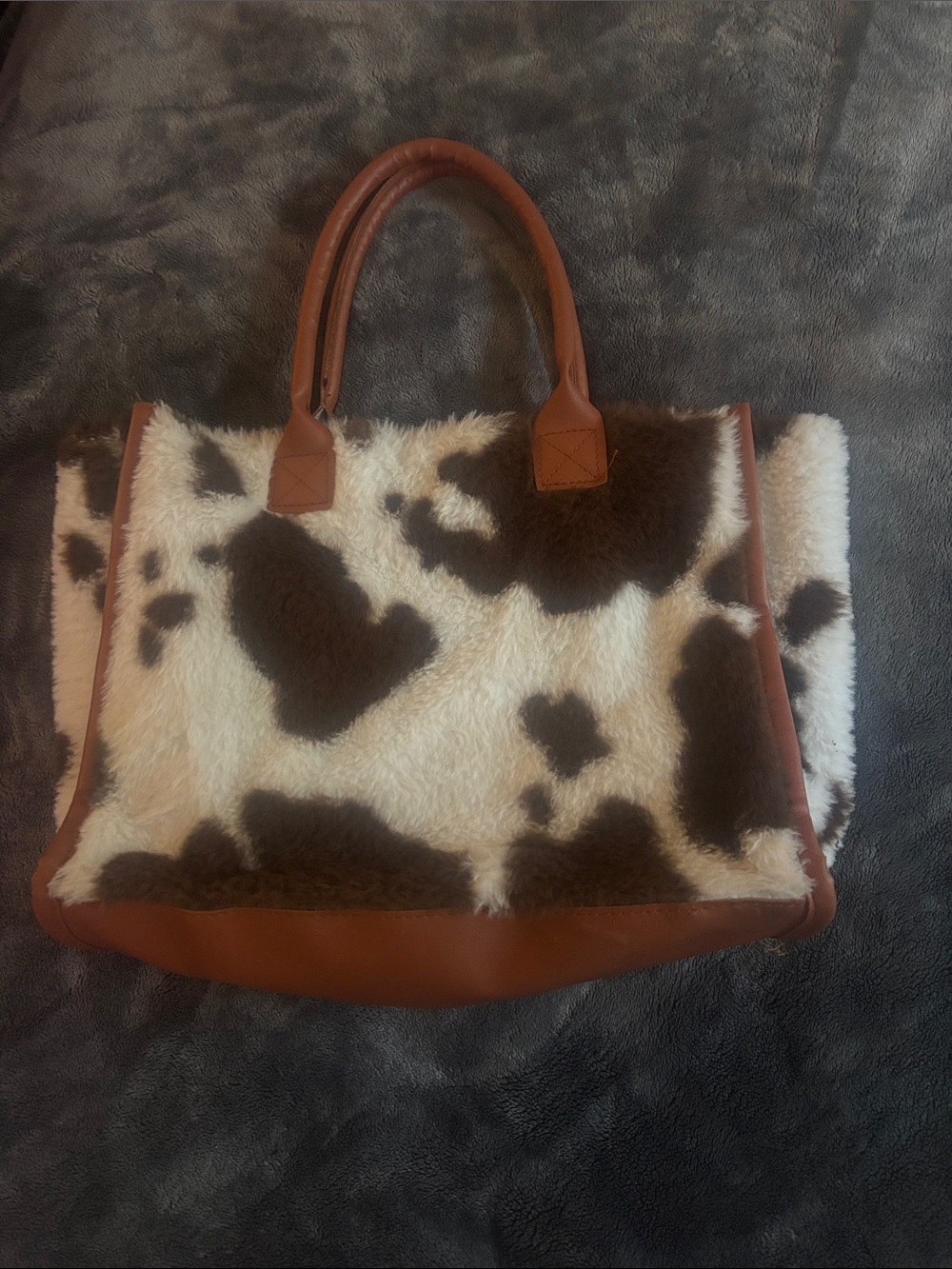 Faux Shearling Cowprint Tote Bag in Brown and White